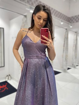 Sukienka długa ramiączka krzyż brokat fioletowy