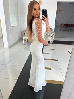 Sukienka długa cekin koraliki siatka holo/biel