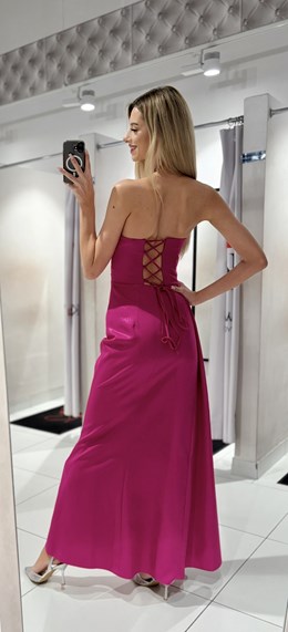 Sukienka długa gorset marszczenie błysk fuksja