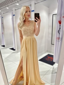 Sukienka długa satynowy dół koronkowa góra złoto