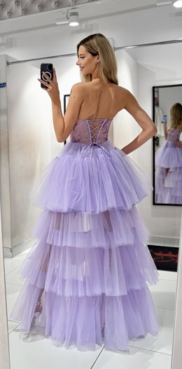 Sukienka asymetryczna falbany tiul gorset lila