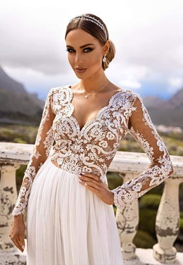 Sukienka długa tiulowa rękaw beż/biały