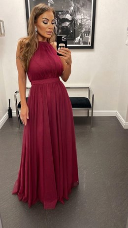 Sukienka długa wiązanie szyja tiul brokat bordo