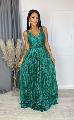 Sukienka długa brokatowy wzór ramiączka zieleń