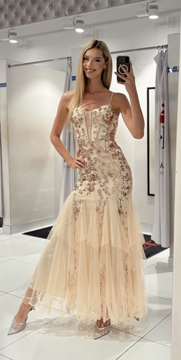 Sukienka długa cekiny rybka tiul rose gold