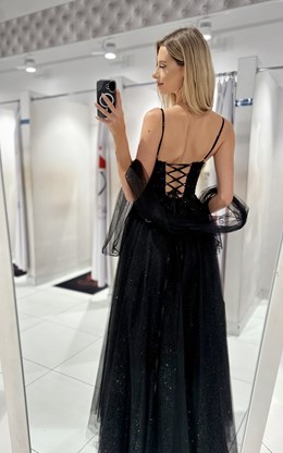 Sukienka długa gorset tiul brokat cyrkonie czerń