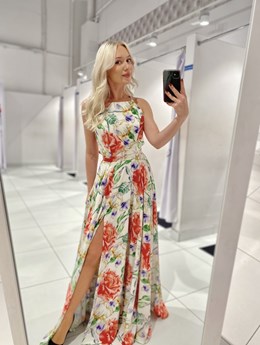 Sukienka długa kolorowe kwiaty krzyż plecy