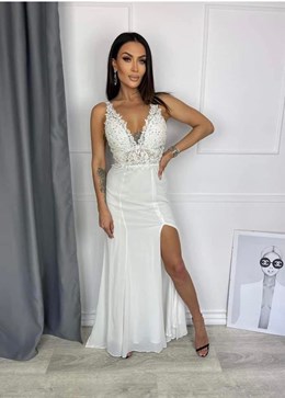 Sukienka długa zdobiona góra wycięcia biel