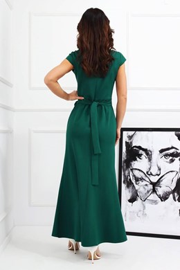 Sukienka długa rękawek pasek róża zieleń