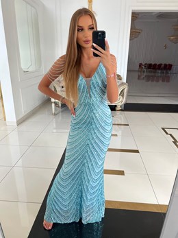 Sukienka długa cekin koraliki siatka morski błękit