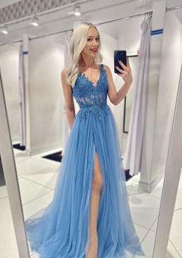 Sukienka długa tiulowa gorset koronka błękit