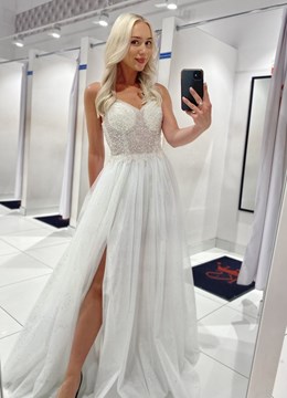 Sukienka długa tiul dekolt cekiny ramiączka biel