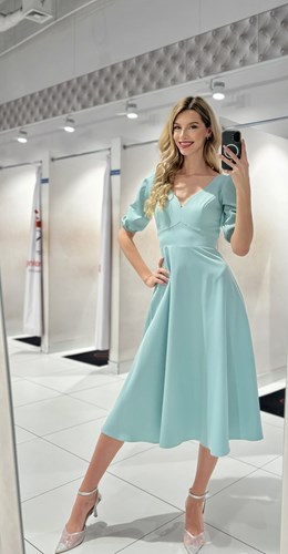 Sukienka midi rękawek 3/4 pas wiązanie pistacja