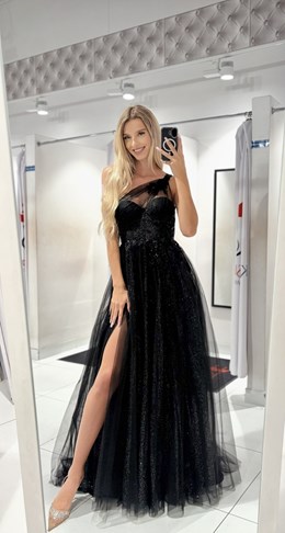 Sukienka długa asymetria tiul brokat czerń