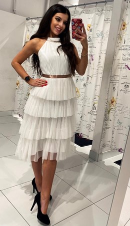 Sukienka midi tiul odkryte plecy falbany biel