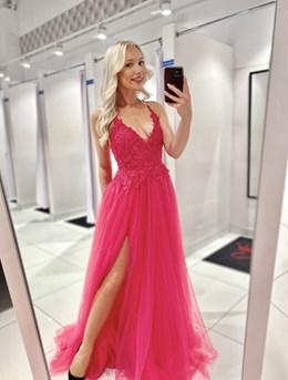 Sukienka długa tiul koronka wiązanie magenta