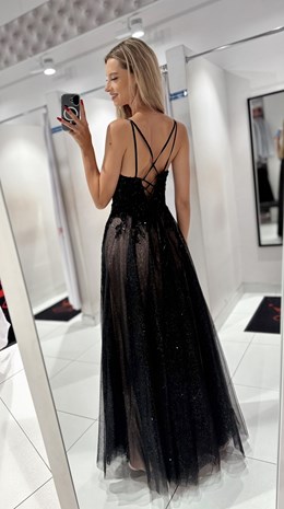 Sukienka długa gorset zdobienie tiul krem/czerń