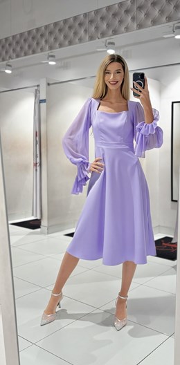 Sukienka midi długi rękaw wiązanie kokarda lawenda