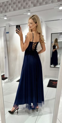 Sukienka długa tiulowa wiązany tył cekiny granat