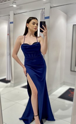 Sukienka długa dopasowana wiązanie gorset granat