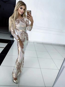 Sukienka długa rybka dopasowana wzory cekin beż