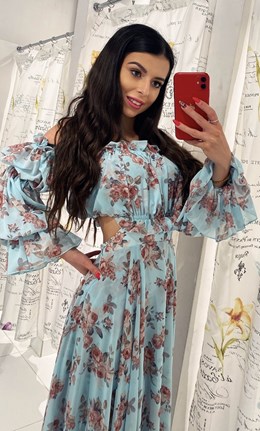 Sukienka długa hiszpanka rękaw kwiaty błękit