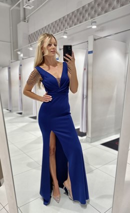 Sukienka długa drapowany dekolt koraliki granat