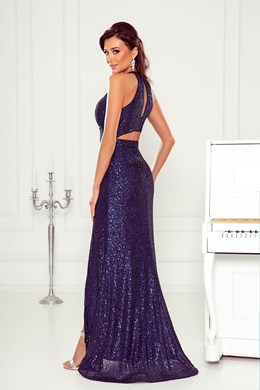 Sukienka długa dekolt z siateczką cekiny granat