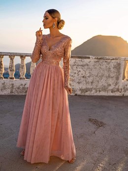 Sukienka długa tiulowa rękaw wrzos