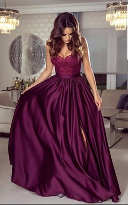 Sukienka długa ramiączka koronka śliwka