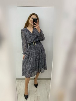 Sukienka midi rękaw pasek zwiewna panterka szary