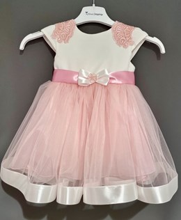 Sukienka dziecięca koronka kokarda tył róż/biel