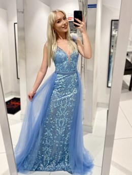 Sukienka długa piórka brokat tiul błękit