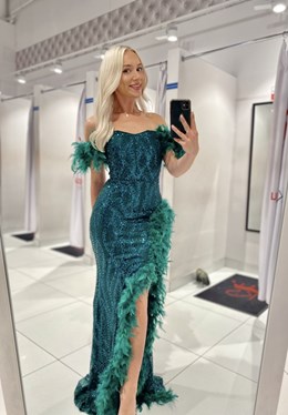 Sukienka długa pióra cekiny butelka zieleń