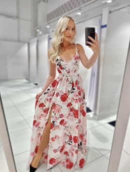 Sukienka długa dwa rozcięcia róże biel