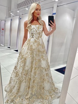 Sukienka długa balowa brokatowe kwiaty biel/złoto