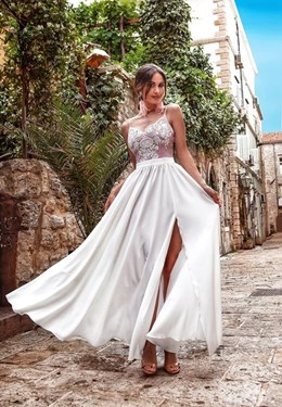 Sukienka długa ramiączka koronka biały/wrzos