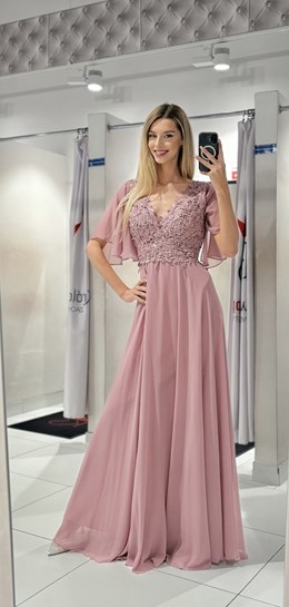 Sukienka długa zdobiona góra rękawek wrzos