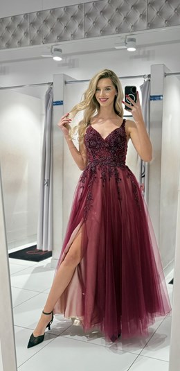 Sukienka długa gorset zdobienie tiul burgund/krem