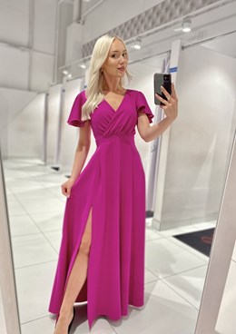 Sukienka długa rękawki dekolt fuksja