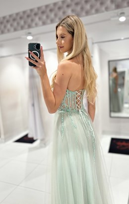 Sukienka długa gorset tiul brokat koraliki szałwia