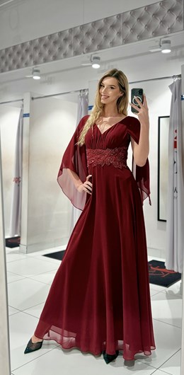 Sukienka długa rękawek motyl bordo