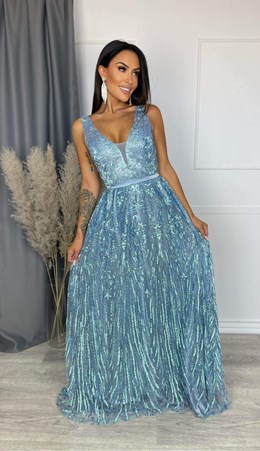 Sukienka długa brokatowy wzór ramiączka błękit