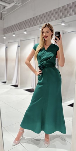 Sukienka długa rękawek pasek róża zieleń