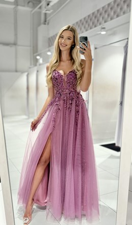 Sukienka długa gorset tiul brokat jagoda