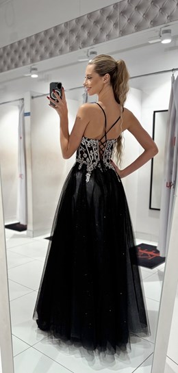 Sukienka długa tiul gorset ozdoby brokat srebro/cz