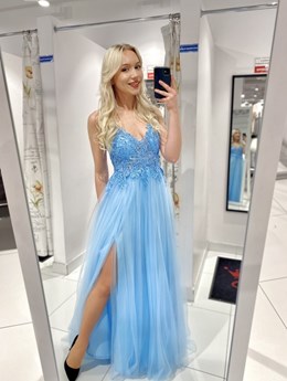 Sukienka długa koronkowy gorset tiul błękit