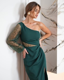 Sukienka długa asymetryczny rękaw zieleń