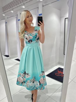 Sukienka midi kwiaty na dole turkus
