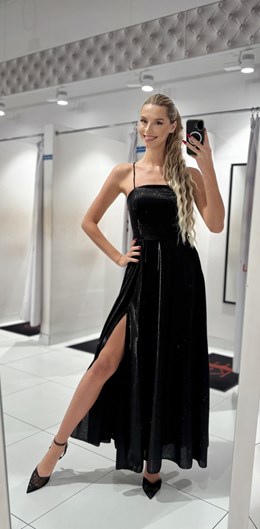 Sukienka długa brokatowa wiązany tył czerń